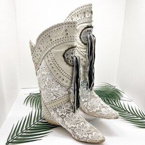 EL Vaquero Boots Italian Leather Handmade Women’s Lace & Leather Tassel SZ 38